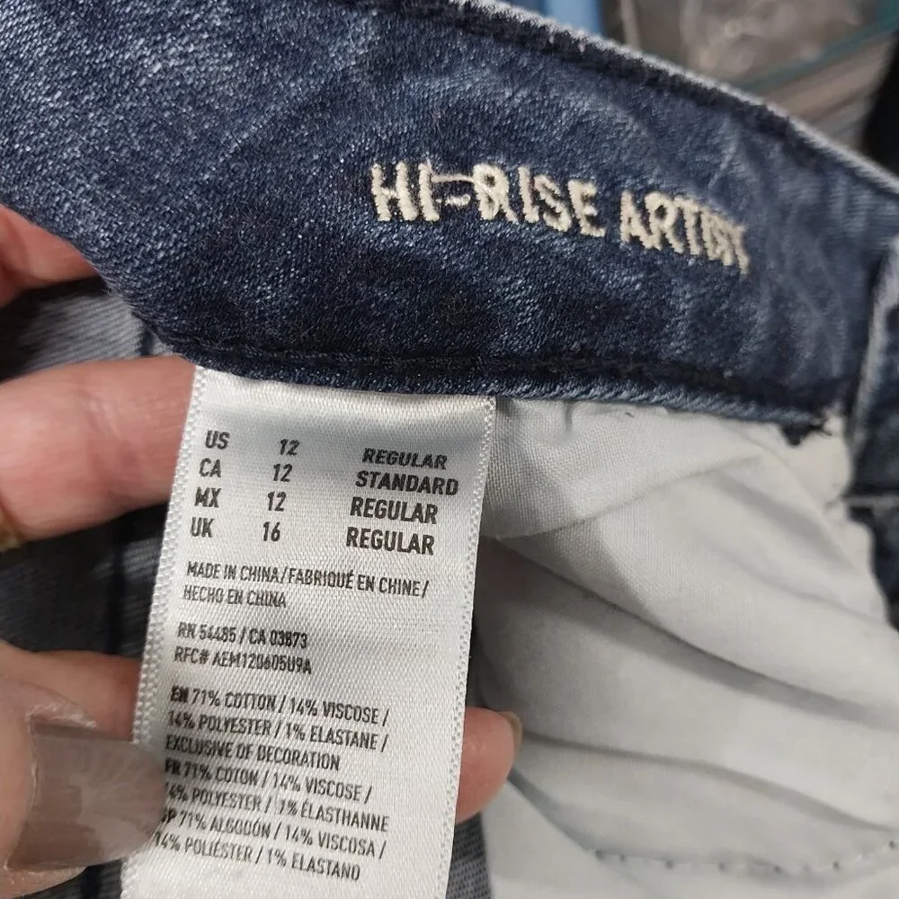 3330 Size 12 American Eagle High-rise Appliqued Quilted Bleach Dyed Jeans - Picture 7 of 7